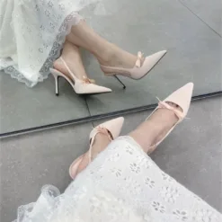 Pink Women's Spring High Heel Satin Sandals with Bowknot, Stiletto Heels, Evening Closed Toe Single Shoes